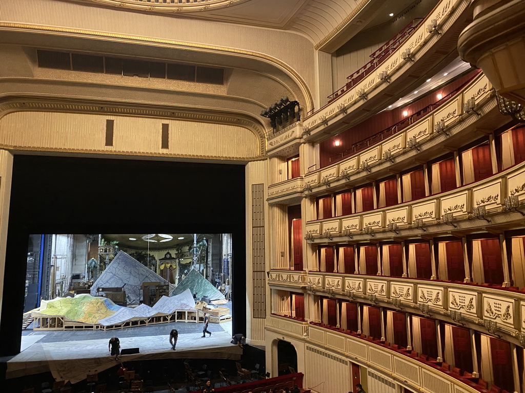 Right side and stage of the Auditorium of the Wiener Staatsoper building, viewed from the Main Balcony