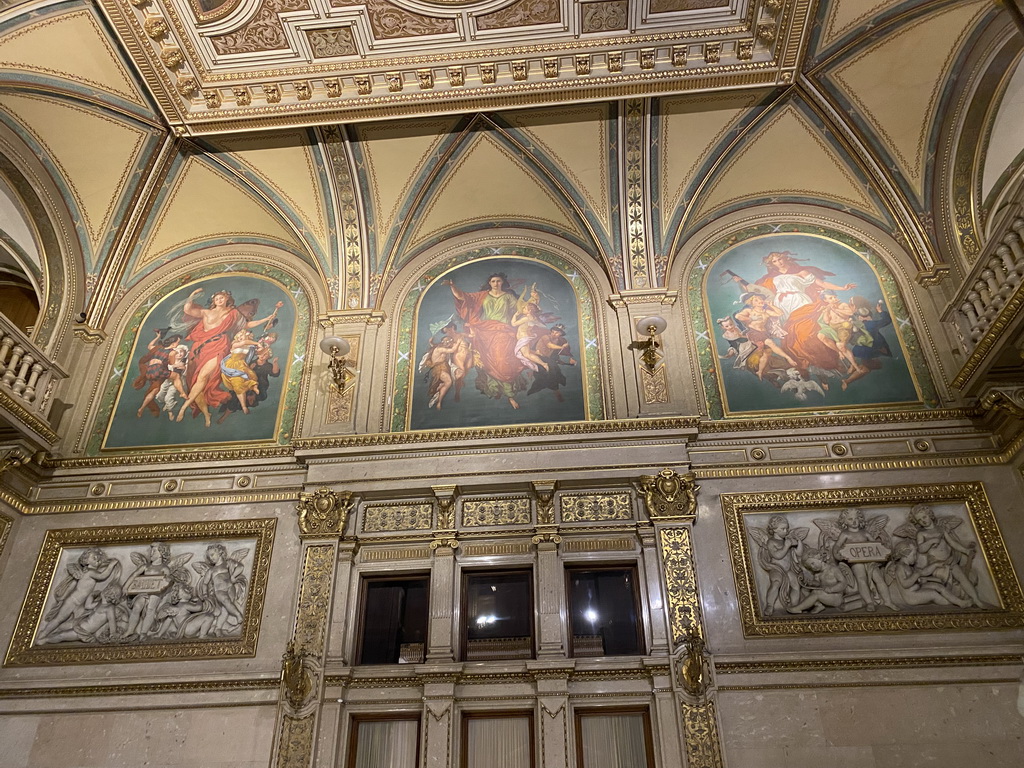 Paintings and reliefs at the Grand Staircase of the Wiener Staatsoper building, viewed from the upper floor