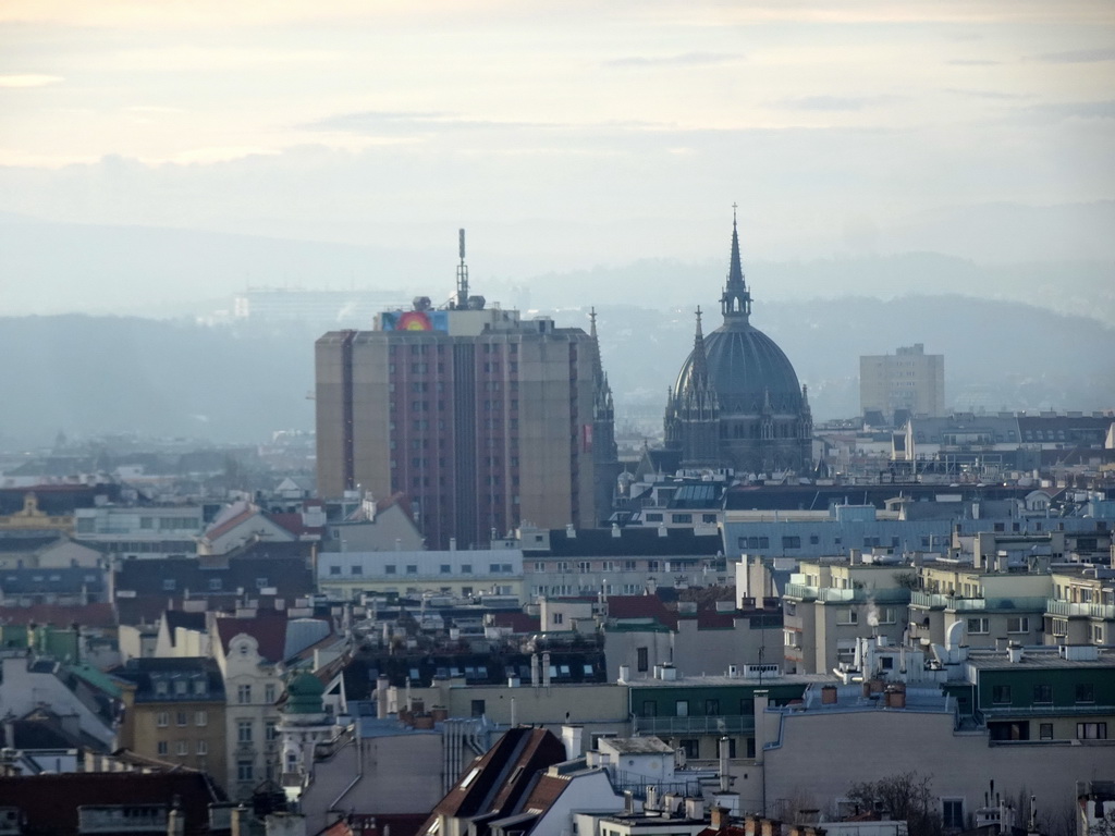 The southwest side of the city with the Hotel Ibis Wien Mariahilf and the Kirche Maria vom Siege church, viewed from the rooftop terrace at the eleventh floor of the Haus des Meeres aquarium