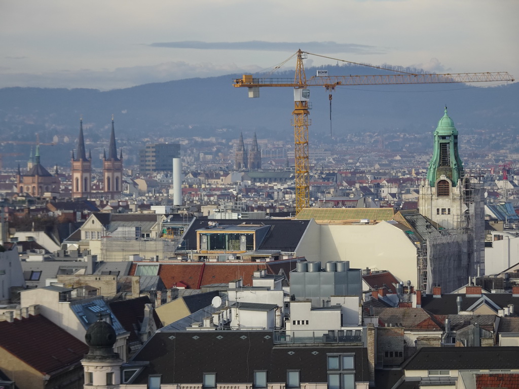 The northwest side of the city with the Telegraph Yards building, the Altlerchenfeld Church and the Katholische Kirche Breitenfeld church, viewed from the rooftop terrace at the eleventh floor of the Haus des Meeres aquarium