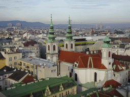 The city center with the Mariahilfer Kirche church, viewed from the rooftop terrace at the eleventh floor of the Haus des Meeres aquarium