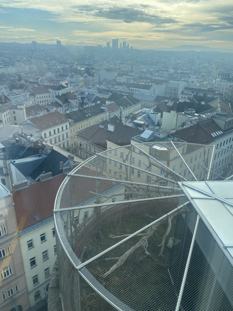 South side of the city and skyscrapers at the Wienerberg City neighbourhood, viewed from the staircase from the upper ninth to the ninth floor of the Haus des Meeres aquarium