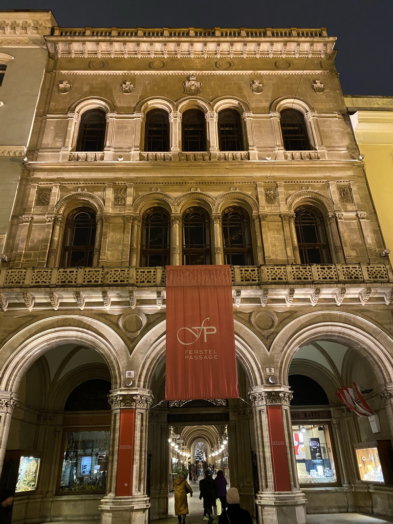 Front of the Ferstel Passage at the Freyung square, by night