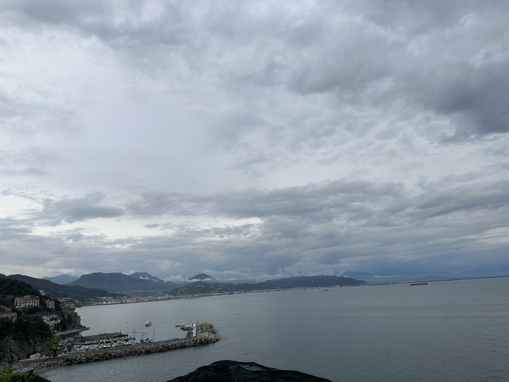 The port of Cetara, the Tyrrhenian Sea and the city of Salerno, viewed from our rental car on the Amalfi Drive