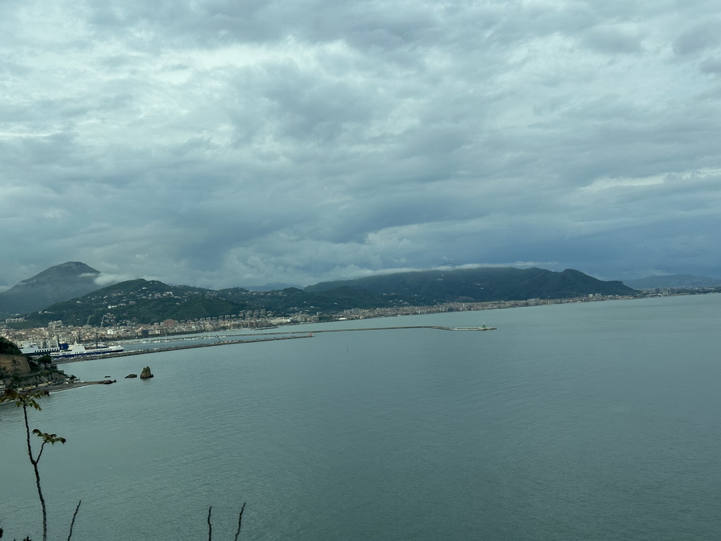 The harbour, the Tyrrhenian Sea and city of Salerno, viewed from our rental car on the Amalfi Drive