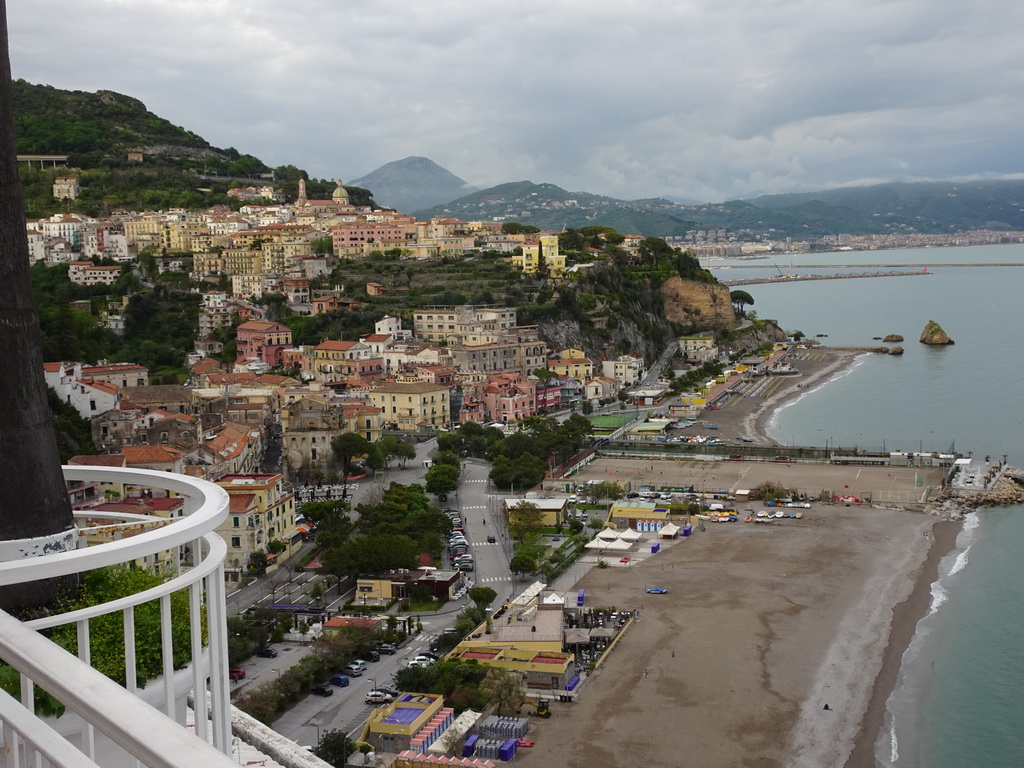 The city center with the Chiesa Parrocchiale di San Giovanni Battista church, the Lido California beach, the Tyrrhenian Sea and the city of Salerno, viewed from the roof terrace of the Hotel Voce del Mare