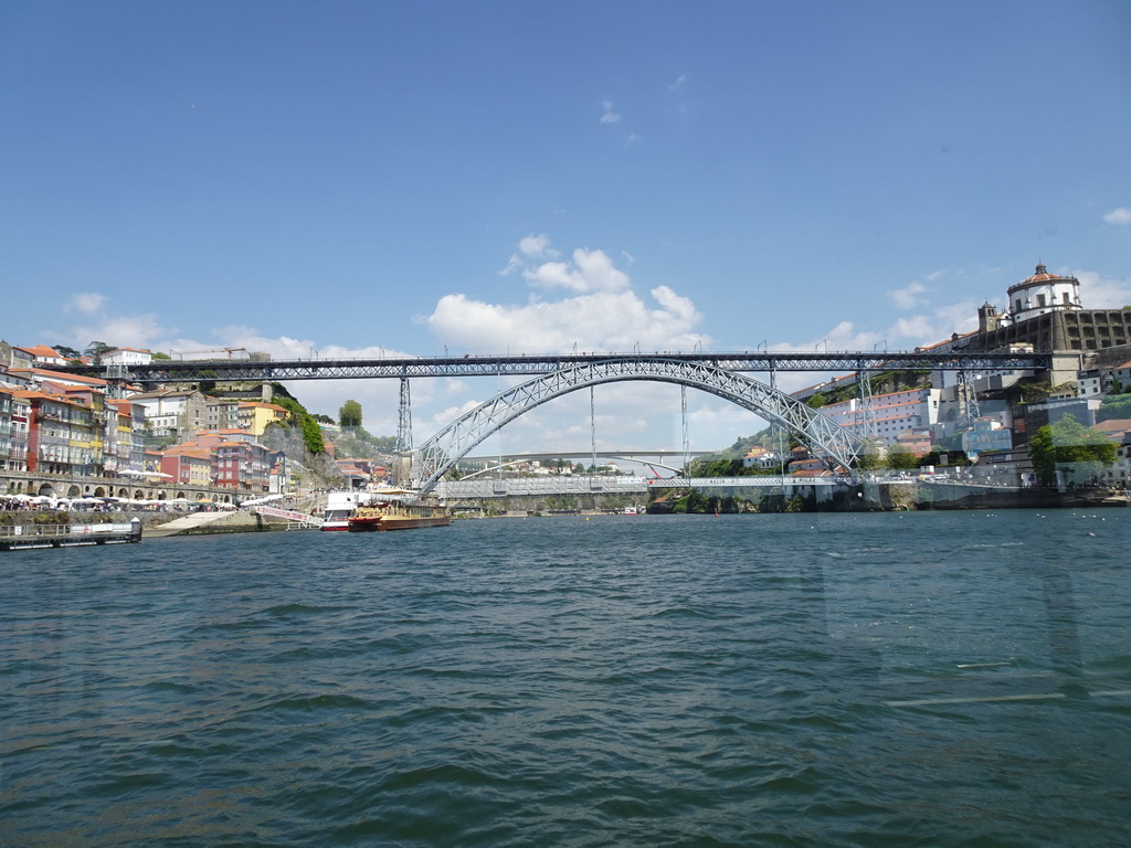 The Ponte Luís I and Ponte Infante Dom Henrique bridges over the Douro river and the Mosteiro da Serra do Pilar monastery, viewed from the ferry from Porto