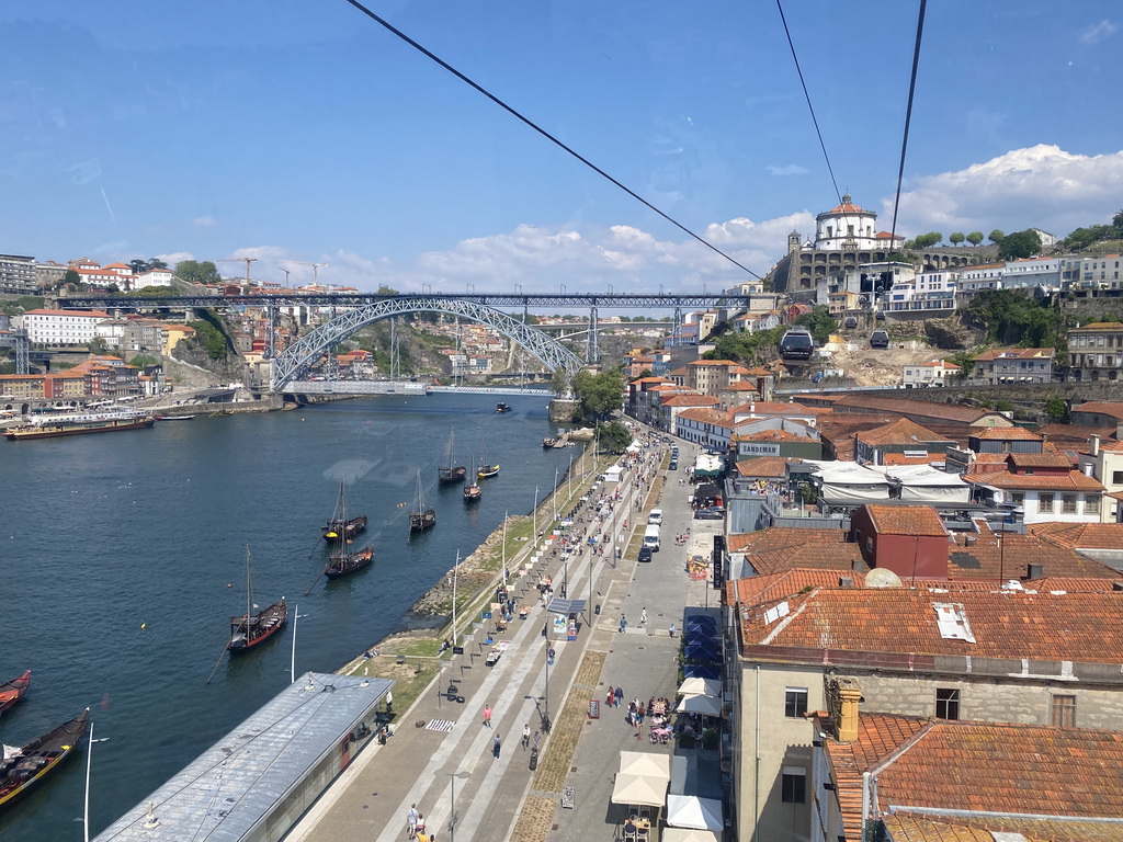 Boats and the Ponte Luís I and Ponte Infante Dom Henrique bridges over the Douro river, the Avenida de Diogo Leite street and the Mosteiro da Serra do Pilar monastery, viewed from the Gaia Cable Car