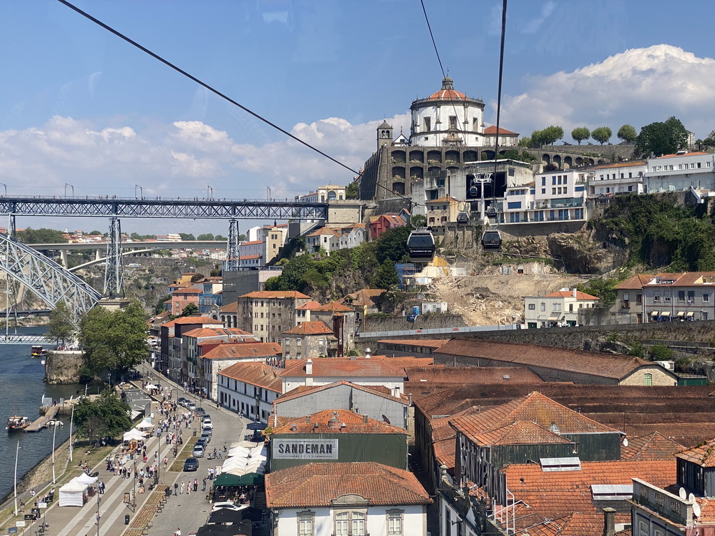 Boats and the Ponte Luís I and Ponte Infante Dom Henrique bridges over the Douro river, the Avenida de Diogo Leite street and the Mosteiro da Serra do Pilar monastery, viewed from the Gaia Cable Car