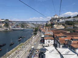 Boats and the Ponte Luís I and Ponte Infante Dom Henrique bridges over the Douro river, the Avenida de Diogo Leite street and the Mosteiro da Serra do Pilar monastery, viewed from the Gaia Cable Car