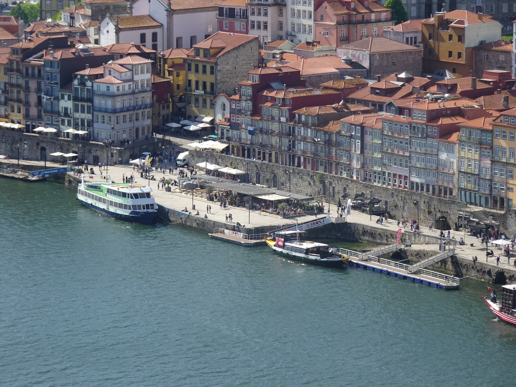 Boats on the Douro river and the Cais da Ribeira street at Porto, viewed from the Miradouro da Serra do Pilar viewing point at the Largo Aviz square