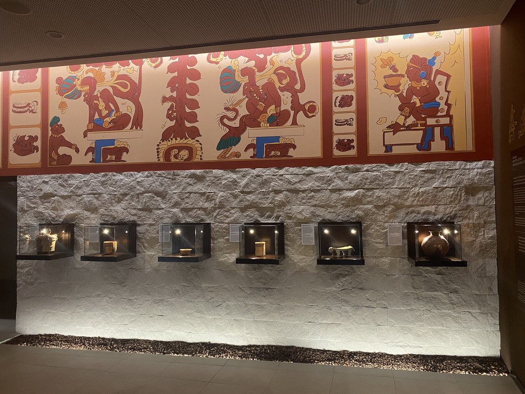 Aztec waill painting and pottery at the Chocolate Story museum at the WOW Cultural District