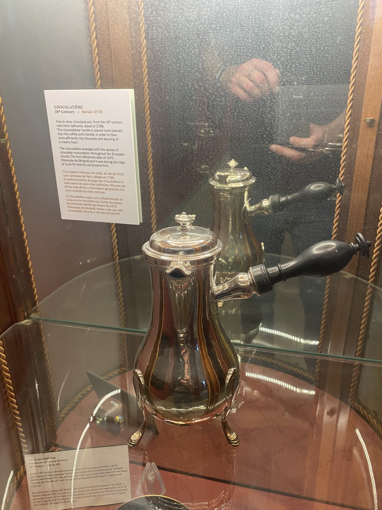 An 18th century Chocolatière at the Chocolate Story museum at the WOW Cultural District, with explanation