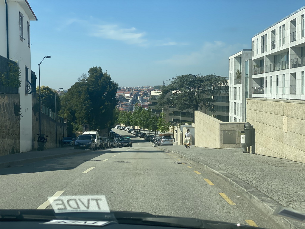 Porto with the Torre dos Clérigos tower, viewed from the taxi on the Rua do Choupelo street