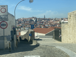 Entrance to the WOW Cultural District at the Rua do Choupelo street and Porto with the Igreja de Nossa Senhora da Vitória church and the Torre dos Clérigos tower, viewed from the taxi