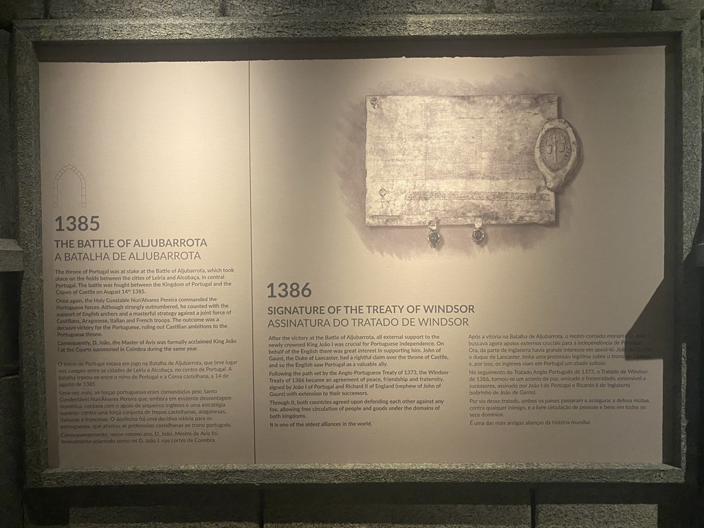 Information on the Battle of Aljubarrota in 1385 and the Signature of the Treaty of Windsor in 1386 at the Porto Region Across the Ages museum at the WOW Cultural District