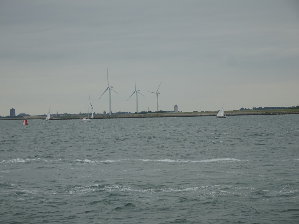 Windmills and the city of Zierikzee, viewed from the Seal Safari boat on the National Park Oosterschelde