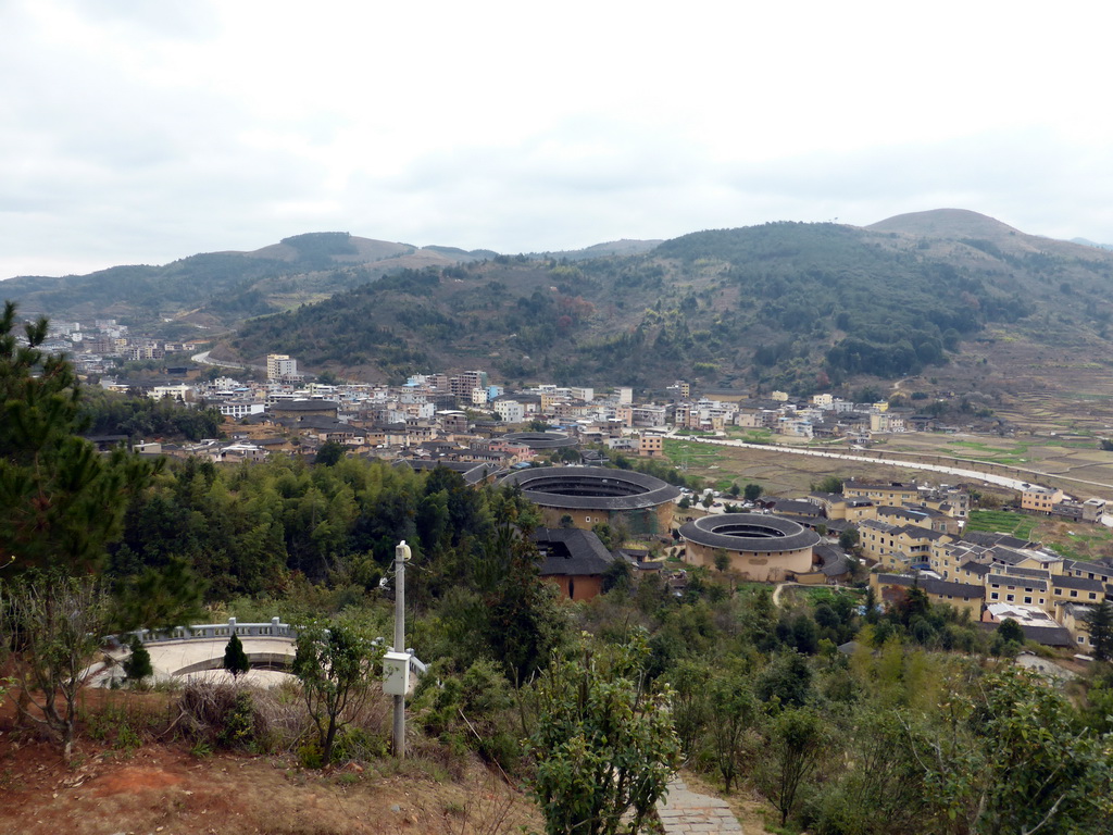 The Qiaofu Lou, Chengqi Lou, Shize Lou and Beichen Lou buildings of the Gaobei Tulou Cluster, viewed from the Yongding Scenic Area viewing point