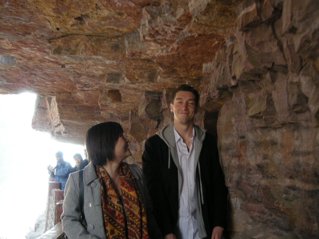 Tim and Miaomiao at the mountainside path at the Red Stone Gorge at the Mount Yuntaishan Global Geopark