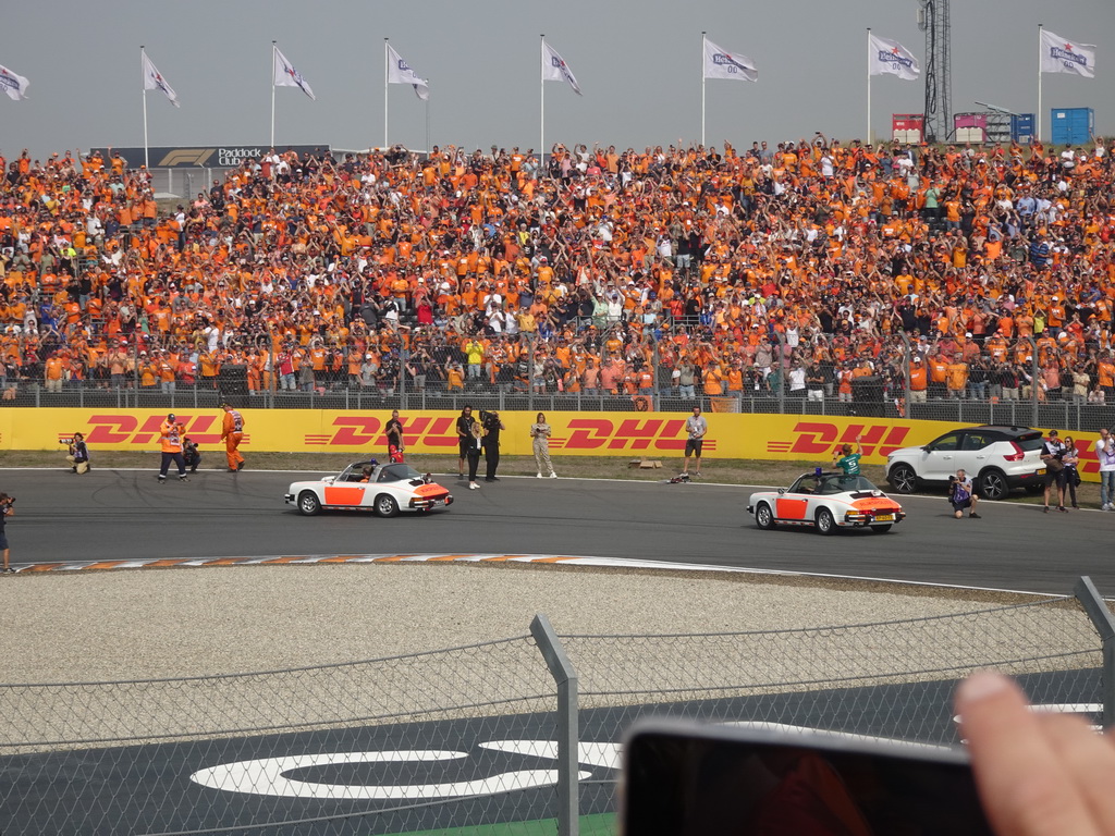 Carlos Sainz and Sebastian Vettel at the Hans Ernst Chicane at Circuit Zandvoort, viewed from the Eastside Grandstand 3, during the Formula 1 Drivers` Parade